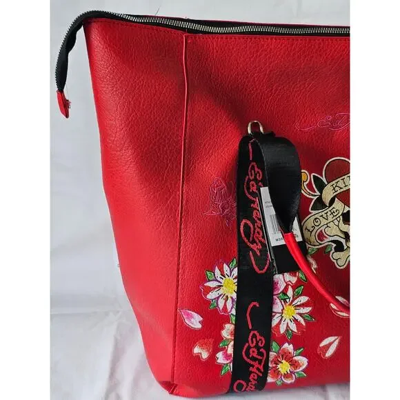 Ed Hardy Love Kills Slowly Large Weekender Duffle Travel Bag Red Faux Leather - Picture 2 of 12